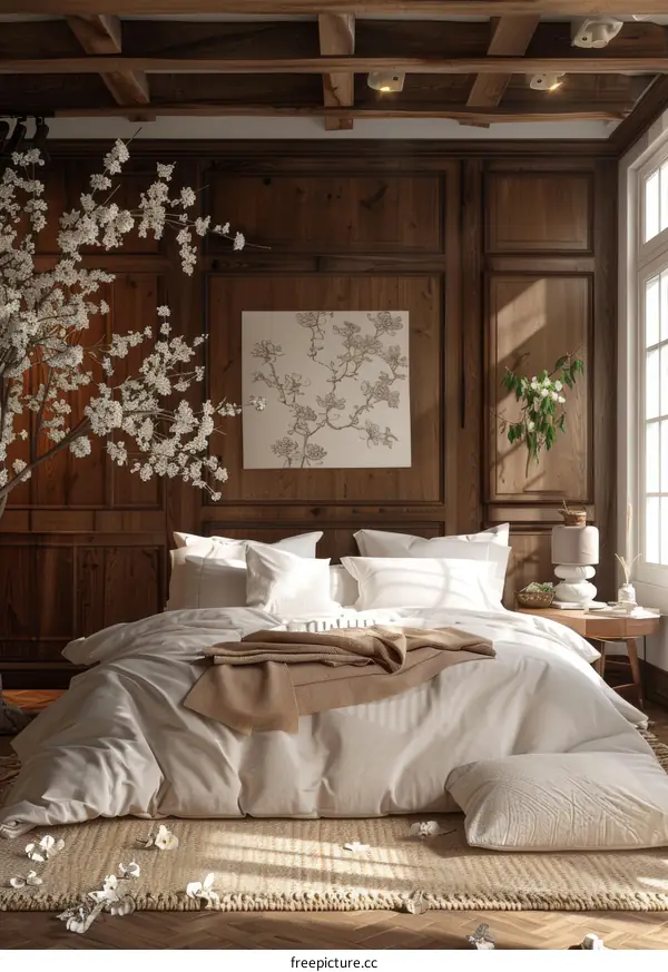 Elegant Wooden Bedroom Interior with Blossoms