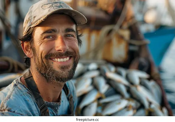 Portrait of a smiling fisherman with a beard wearing a cap