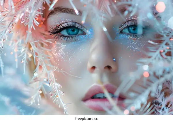 Close Up of a Woman with Blue Eyes and Glitter Makeup