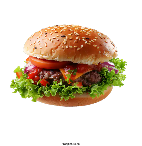 [Transparent Background PNG]hamburger with lettuce tomato onion and cheese
