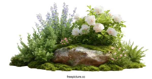 [Transparent Background PNG]Beautiful Garden Arrangement with Flowers and Rock