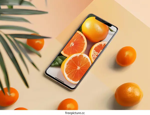 Orange Fruit and Smartphone on Color Background
