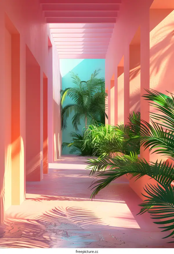 pink and blue 3d rendering of a tropical hallway