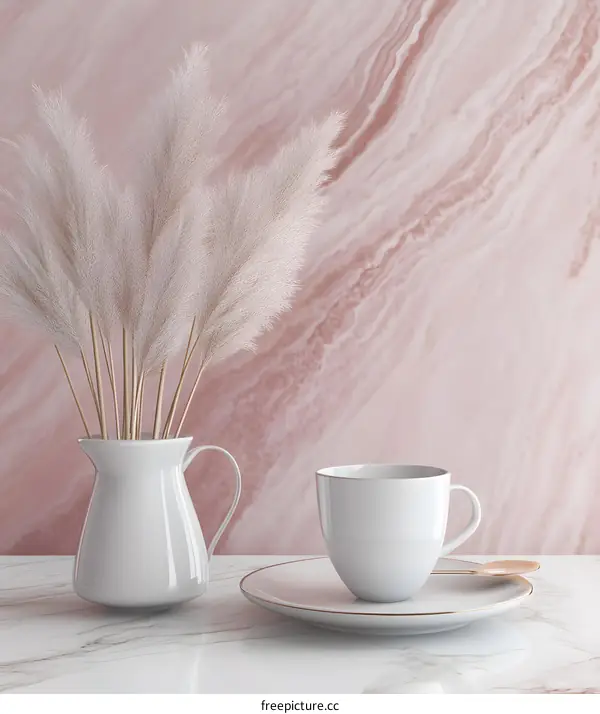Minimalist Still Life with Pampas Grass and Coffee Cup on Marble Surface