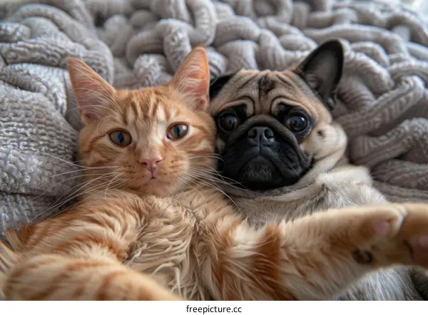 Cute Ginger Cat and Pug Taking a Selfie Together