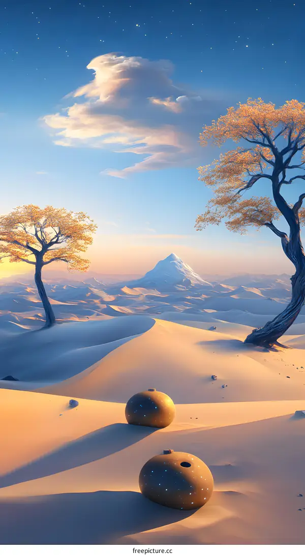 Desert Landscape with Two Trees and Two Golden Spheres Under a Starry Sky