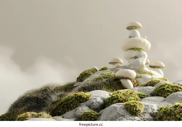 White Mushrooms Growing On A Hill