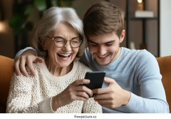 Elderly woman and young man laughing at a mobile phone