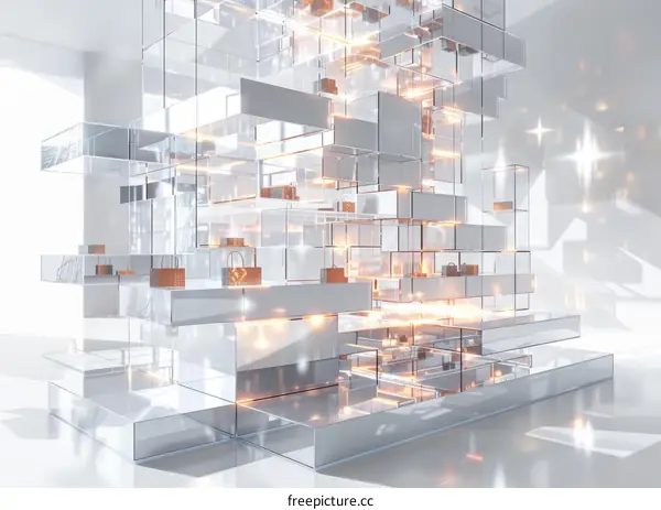 3D rendering of a modern glass and metal structure with glowing elements