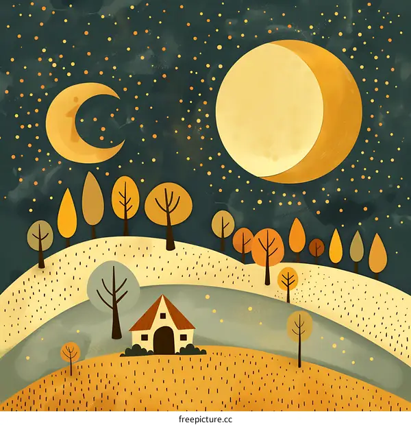Night Sky with Crescent Moon and Stars Over a Small House in the Countryside