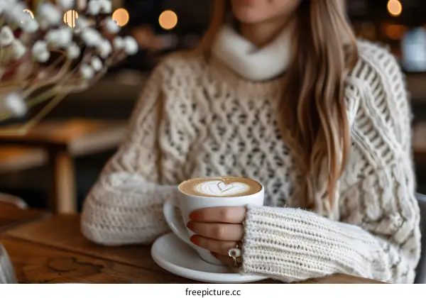 Woman Holding a Cup of Coffee with Heart Shaped Latte Art