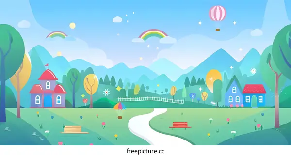 Beautiful Cartoon Illustration of a Peaceful Village in the Mountains