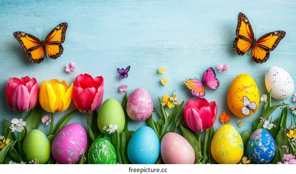Colorful Easter Eggs and Flowers Background
