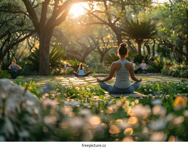 A group of people doing yoga in a park