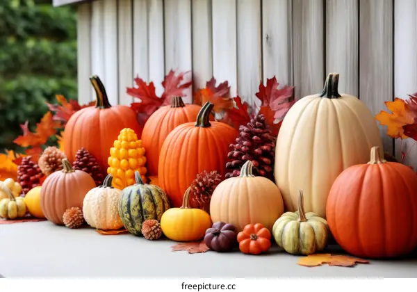 A variety of pumpkins and gourds are arranged on a wooden porch.