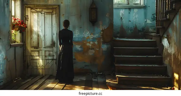 A woman standing in a room with a staircase