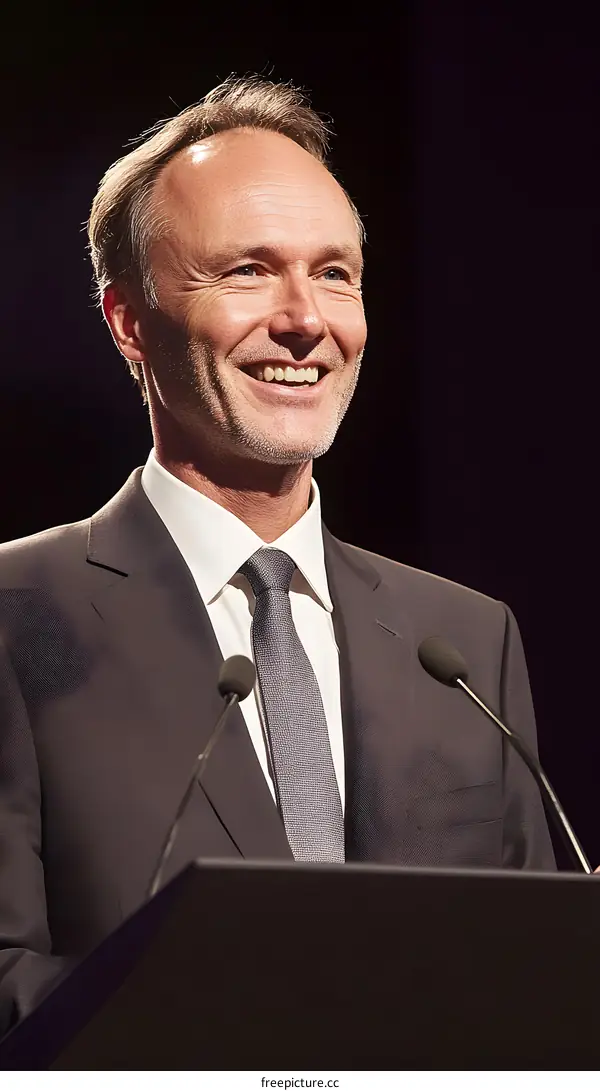 Smiling Man in Suit Speaking at a Podium