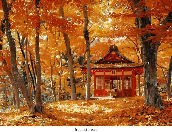 A small temple nestled in a forest of fiery autumn leaves