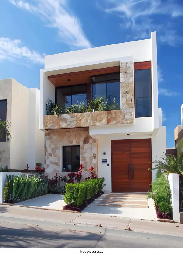 Modern House with Stone Facade and Wooden Door