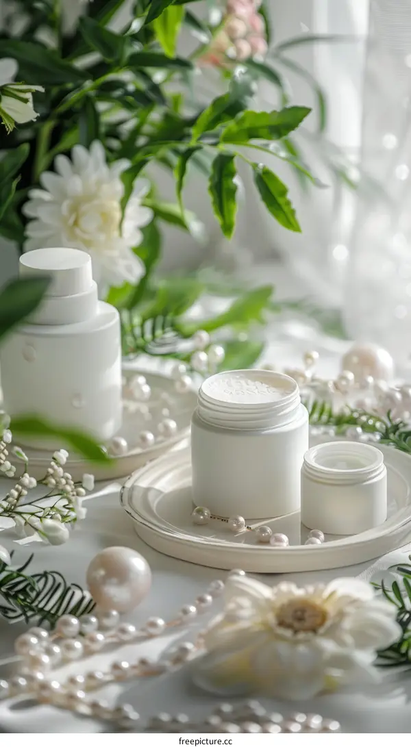 Close-up of a skincare cream with pearls and flowers