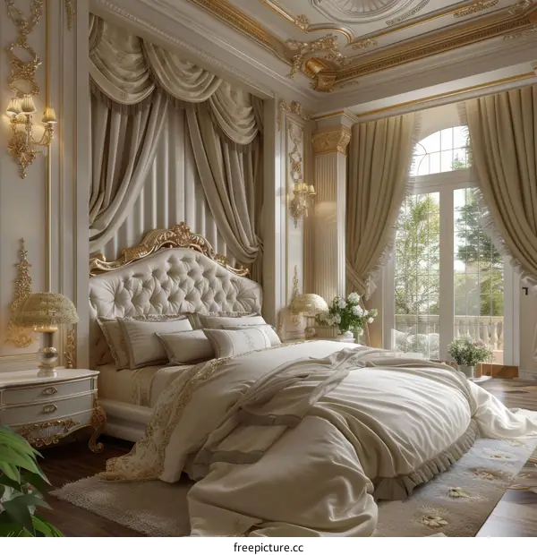 Ornate bedroom with a large bed and a sitting area