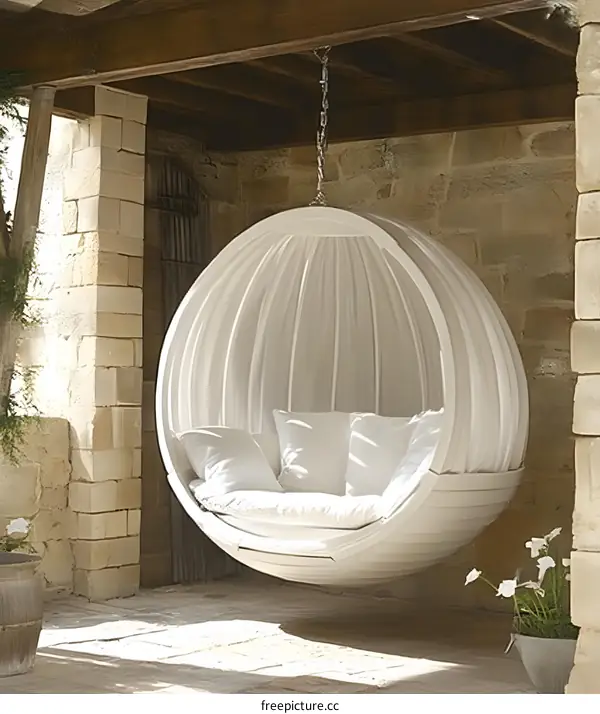 White Hanging Egg Chair Patio Design