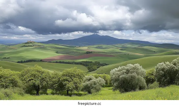 Picturesque Rolling Hills and Cloudy Sky Landscape