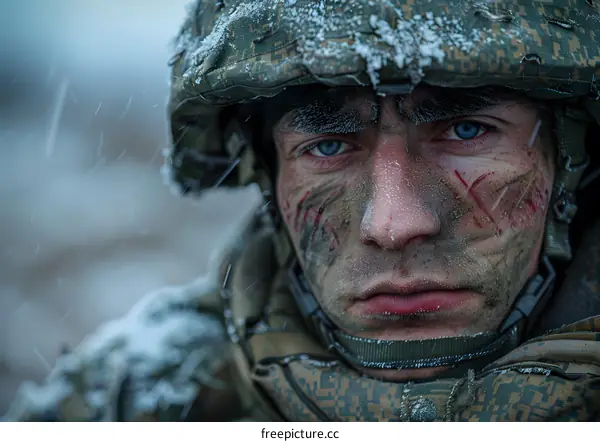 Portrait of a soldier in the snow