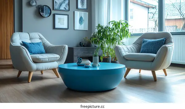 Modern Living Room with Cozy Armchairs and Blue Coffee Table