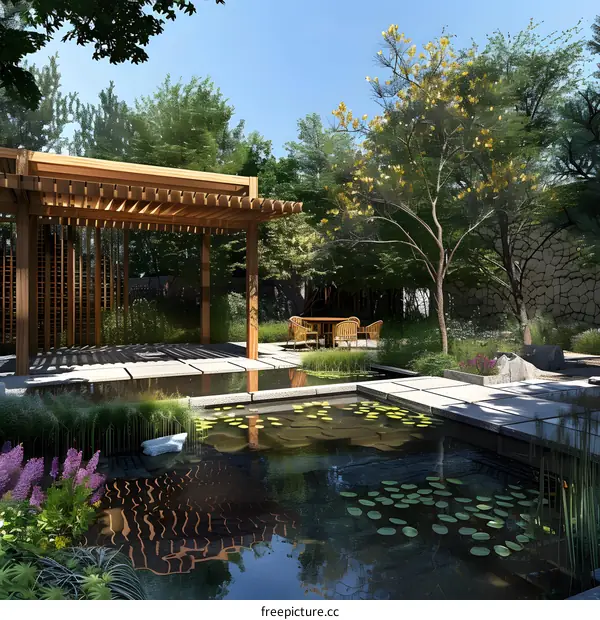 Modern Garden Design with Pond and Wooden Pergola