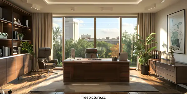 Modern office interior with large windows and wooden furniture