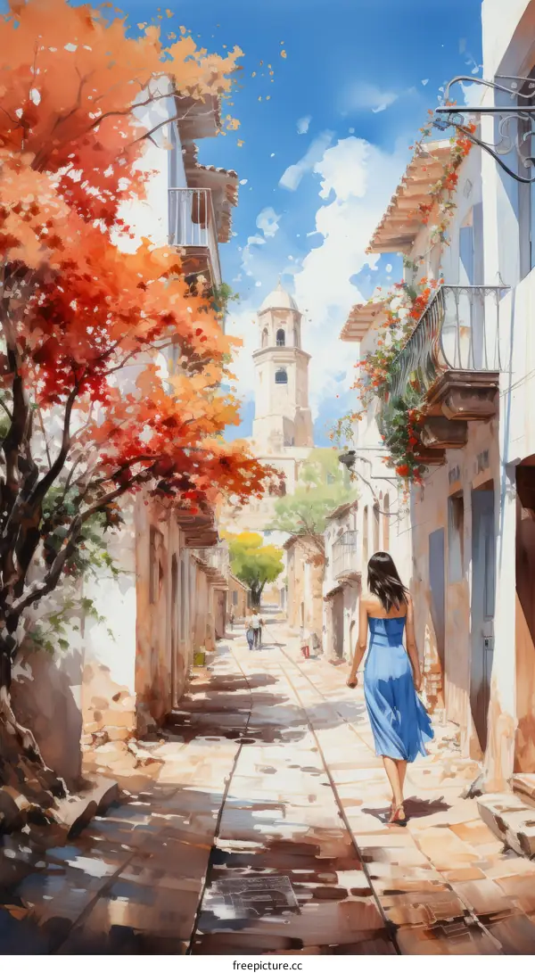 A painting of a woman walking down a street in a small town