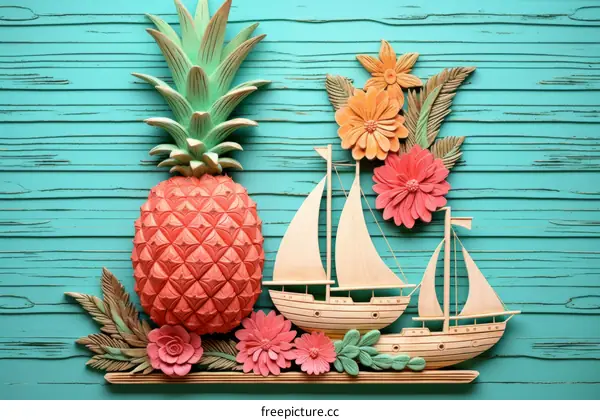 A wooden pineapple and sailboat wall sculpture with pink flowers