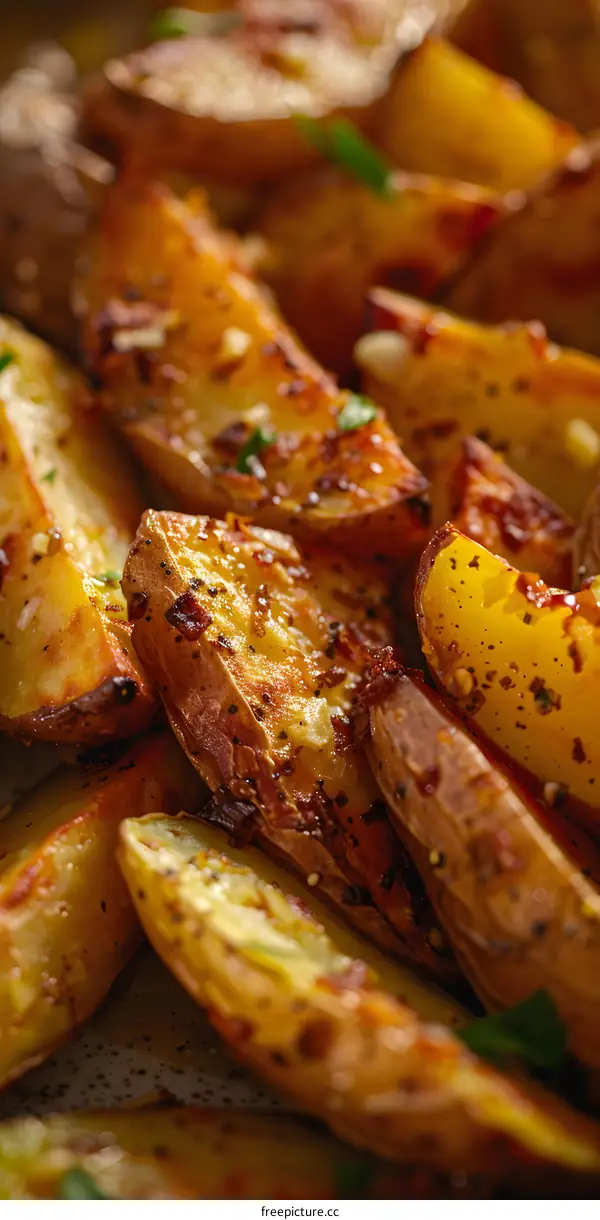 Close Up of Crispy Roasted Potato Wedges with Herbs