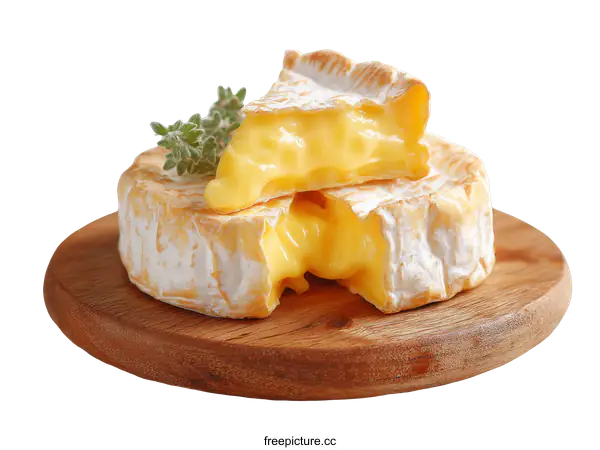 [Transparent Background PNG]Delicious Camembert Cheese Displayed on Wooden Board