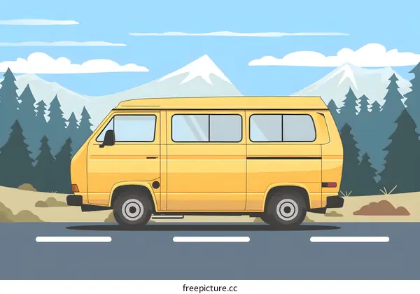 Yellow Van on Road with Mountains in Background