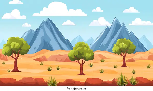 Desert Landscape with Blue Mountains and Trees