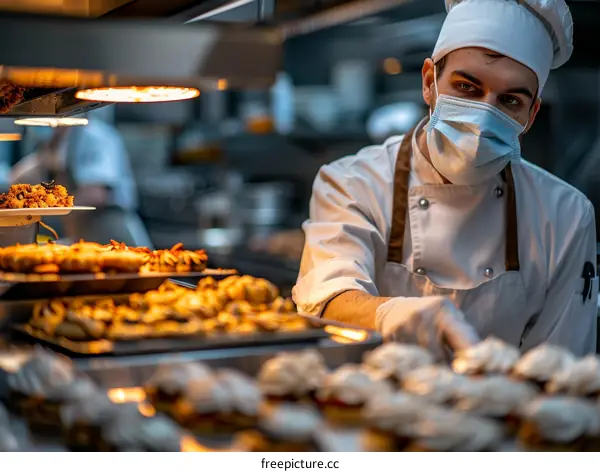 Chef wearing a mask and gloves in a commercial kitchen