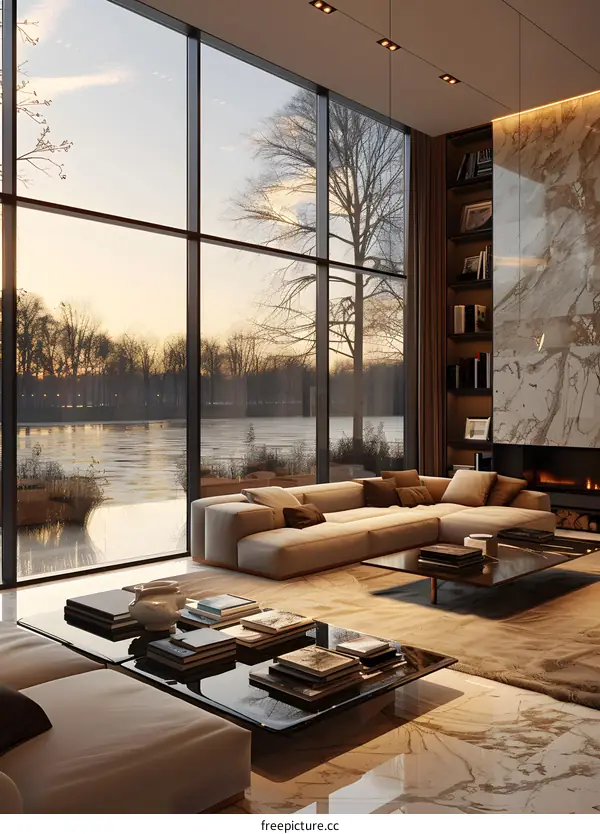 Modern living room with lake view
