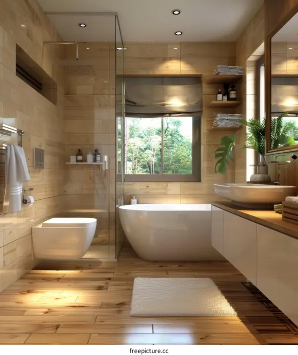 Modern Bathroom Design With Wooden Tiles And Bathtub