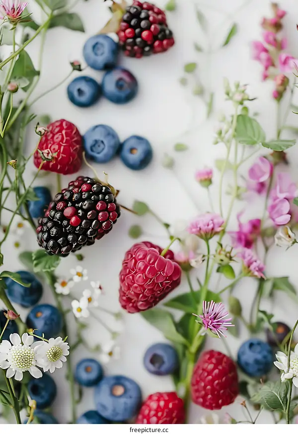 Fresh Berries and Flowers on White Background