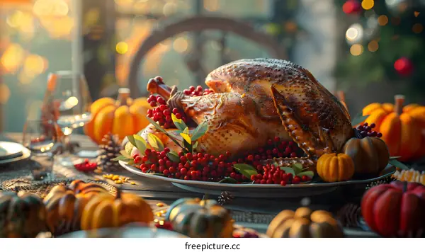 Thanksgiving dinner table with roasted turkey, pumpkins, and decorations