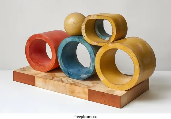 Abstract Wooden Sculpture With Circular Shapes and Yellow, Red, and Blue Colors