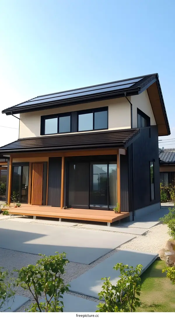 Modern Japanese House with Solar Panels and Wooden Deck