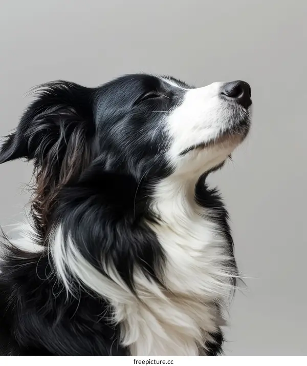 A Border Collie Looking Up with Grey and White Fur