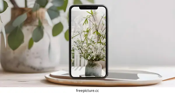 White Flowers in a Vase on a Smartphone