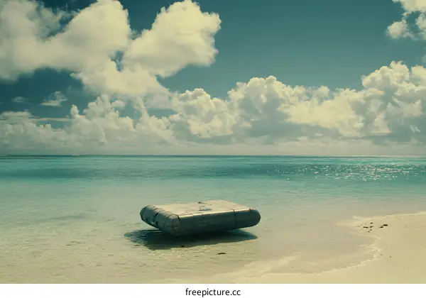 Tropical Beach with Inflatable Raft and Cloudy Sky