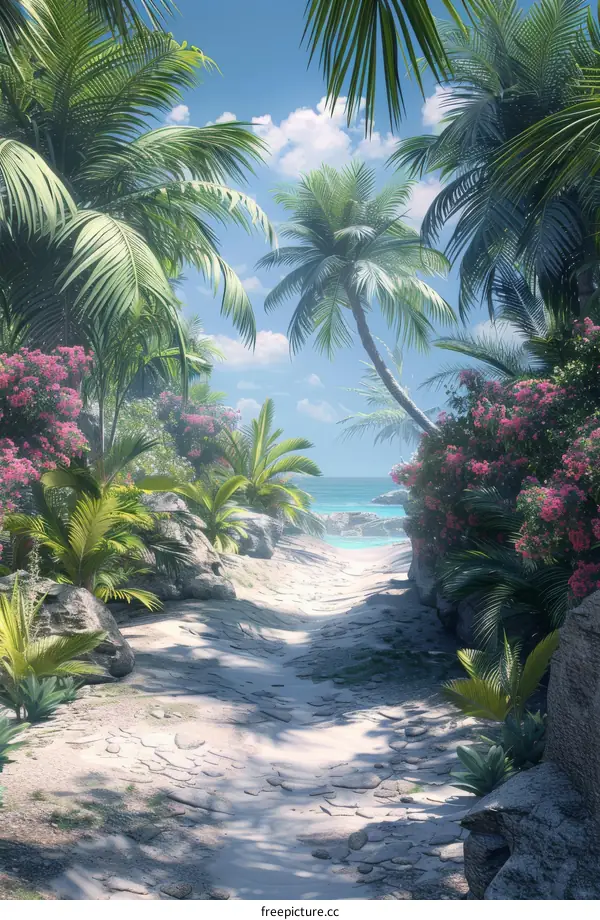 Tropical pathway surrounded by lush vegetation leading to a beach