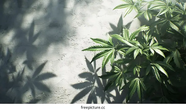 Close up of cannabis leaves with shadow on a concrete wall