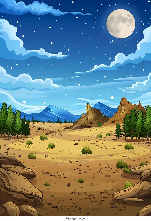 Night Desert Landscape Illustration With Full Moon And Stars